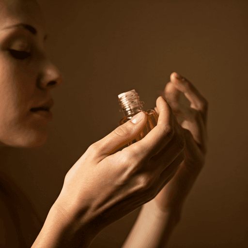 Close up of hands applying organic botanical facial oil
