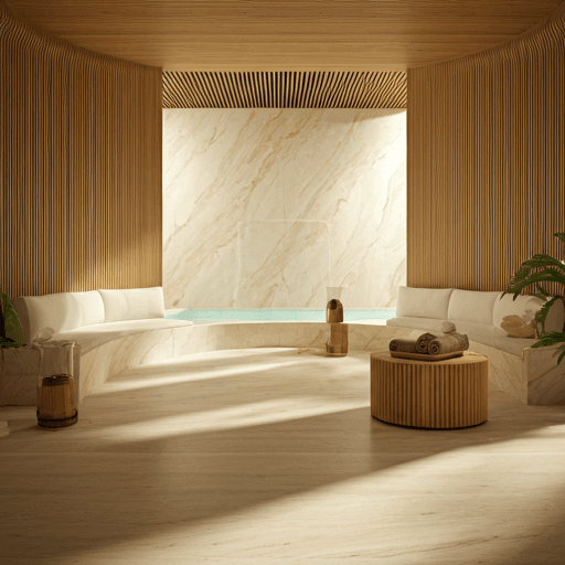 Luxury spa interior with soft natural light, stone textures and minimalist wooden furniture