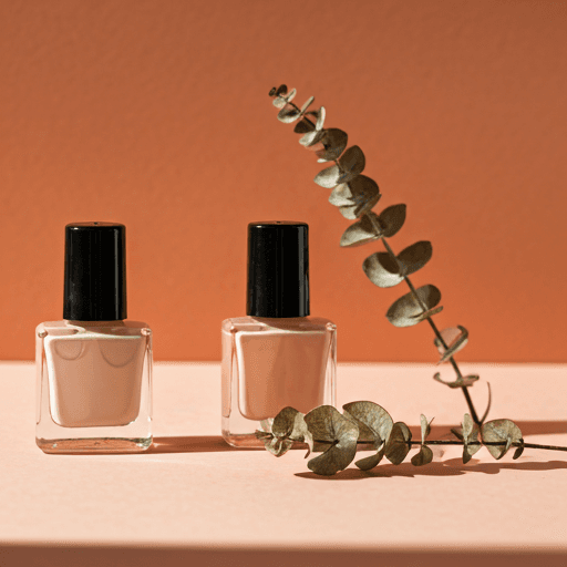 Minimalist manicure setup with neutral nail polish bottles